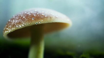 Poster - Single mushroom is growing on the forest floor with water droplets forming on the cap from humidity. The background is out of focus and misty