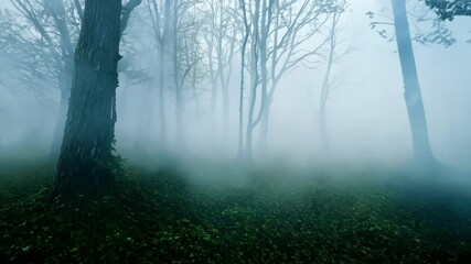 Poster - Fog is swallowing the forest floor covered with lush green vegetation. Tall trees are disappearing in the mysterious fog
