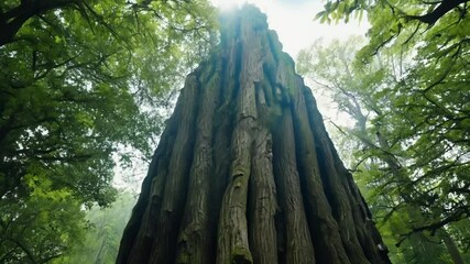 Aufkleber - Majestic giant sequoia tree stands tall in a primeval forest, casting a magical glow on the lush green leaves and moss covered bark