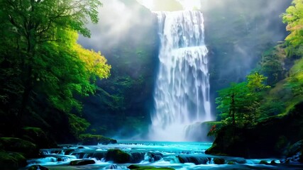 Poster - Stunning waterfall cascading down a lush green mountainside in a fantasy forest, with the sun shining through the mist