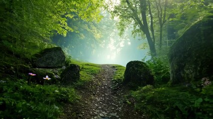Aufkleber - Narrow path is leading through a magical forest with big stones covered in moss. The sun is shining through the trees and creating a magical atmosphere