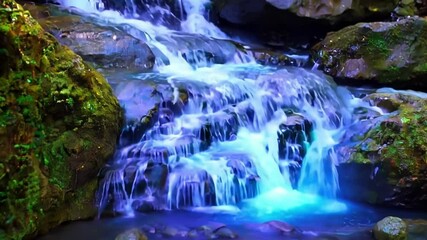 Aufkleber - Water is cascading over moss covered rocks in a colorful forest scene. Light is illuminating the water and rocks creating a magical scene