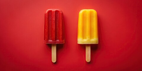 Wall Mural - Symmetrical red and yellow popsicles on sticks in the air on a colorful background