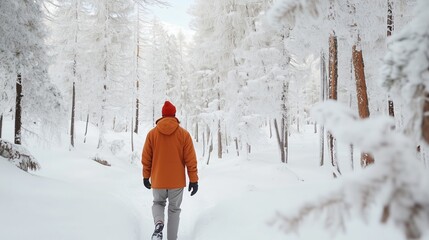 Canvas Print - A person walks through a snowy forest in winter, surrounded by trees dusted with snow under a clear sky