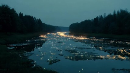 Aufkleber - The sun sets, fireflies glow, river shimmers, nature enchants at twilight