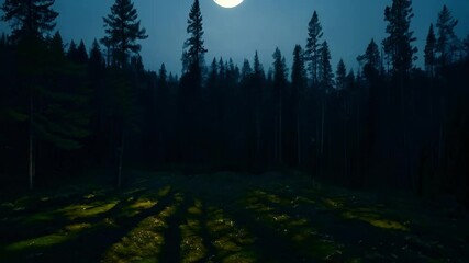 Aufkleber - Bright full moon shines over a dark pine forest, casting serene shadows. Enhancing the natural beauty, moonlight creates a tranquil outdoor scene