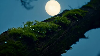 Aufkleber - Mossy tree branch with glistening water droplets is illuminated by the ethereal glow of a full moon, creating a captivating scene in a dark and mysterious forest