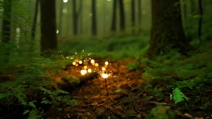 Aufkleber - Softly glowing lights in a dark forest create a magical aura, illuminating green trees like a fairytale scene. Explore the mysterious and moody ambiance of the wild woodland at dusk