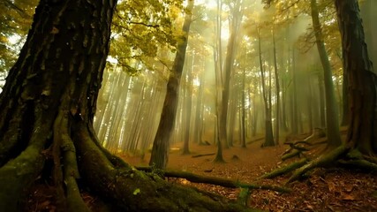 Aufkleber - Thick tree roots spread across the forest floor, intertwining with moss and fallen leaves in a peaceful woodland. Sunlight filters through branches, illuminating green moss