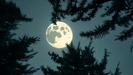 Aufkleber - Low angle view of a forest at night with the branches of the trees silhouetted against a glowing full moon and a dark blue sky