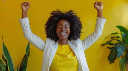 Smiling young woman in a white shirt celebrating against a bright yellow wall outdoors