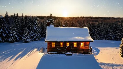 Poster - Cozy cabin glows warmly in a snow covered forest at night, inviting you to experience solitude and tranquility in a remote mountain setting
