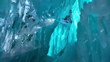 Aufkleber - Mesmerizing glacial cave with turquoise ice forming delicate icicles, creating a surreal and magical atmosphere. Stunning texture and pattern, transparent and glowing, enhancing the icy wonderland