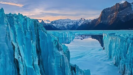 Poster - Serene arctic landscape with towering turquoise icebergs reflecting in the calm waters of a glacier lake, the setting sun casting a warm glow over the snow capped mountains in the distance
