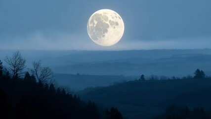 Aufkleber - Bright full moon shines in the night sky, casting a soft blue light over a misty landscape, creating a tranquil and serene scene of natural beauty