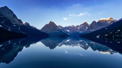 Poster - Dramatic sunset illuminating the snow capped peaks of the canadian rockies, perfectly mirrored in the stillness of a glacial lake