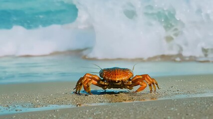 Aufkleber - Orange crab strolls on a sandy beach towards the ocean, capturing wildlife in its natural habitat with intricate details
