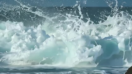 Poster - Powerful waves crash against rocks in the vast ocean, creating a breathtaking seascape with blue water blending into the turquoise sky on a sunny summer day