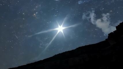 Aufkleber - Bright star is shining in the night sky, casting a luminous glow over a dark mountain silhouette. Its brilliant rays illuminate the vast expanse, creating a captivating celestial display