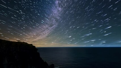 Aufkleber - The milky way galaxy is creating glowing star trails as it moves across the sky over a dark ocean and a silhouetted cliff