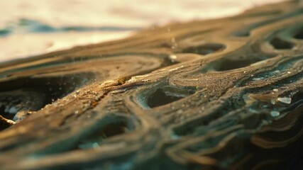 Poster - The sun sets over a beach, casting golden light on weathered driftwood, highlighting textures and patterns. Peaceful ocean creates a serene scene