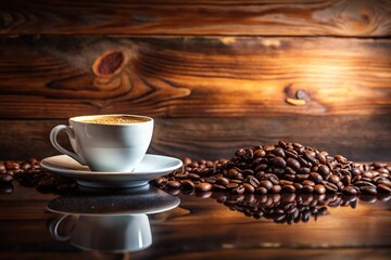 Wall Mural - Reflected coffee beans with a cup of coffee on a wooden table