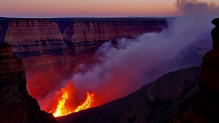 Poster - Fiery lava erupting from volcano at dusk, creating dramatic scene in wilderness