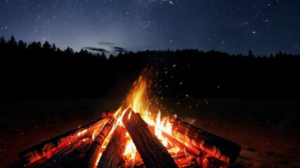 Poster - Mesmerizing bonfire burns brightly in the forest under a starry night sky, casting a warm glow and sending sparks into the wilderness