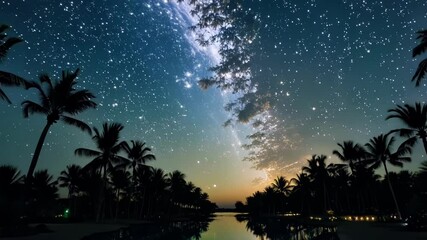 Poster - The milky way shines in the night sky over a tropical lagoon with palm trees, reflecting in tranquil water, creating a serene atmosphere