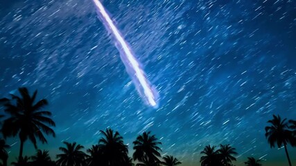 Aufkleber - Brilliant meteor streaks through the starry night sky, leaving a fiery trail against palm trees