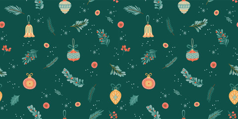 Poster - Christmas and Happy New Year seamless pattern. Christmas tree decorations branches, berries, snowflakes. New Year symbols. Trendy retro style. Vector template.