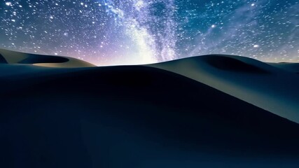 Poster - The milky way galaxy is shining brightly over dark sand dunes in the desert at night, creating a beautiful and serene scene