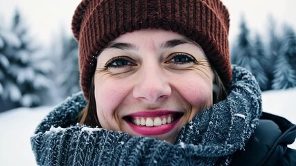 Poster - Woman smiles in the snow, wrapped in warm winter clothes, enjoying the serene landscape