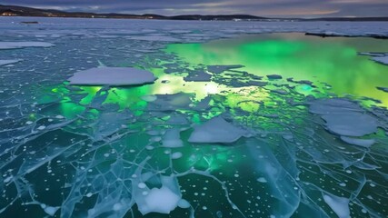 Aufkleber - Aurora borealis creating a magical spectacle with green reflections on a frozen lake surface, offering a mesmerizing view of nature's beauty