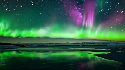 Poster - Mesmerizing green and purple northern lights dance in the night sky, reflecting in icy water below, creating a stunning natural display of winter's beauty