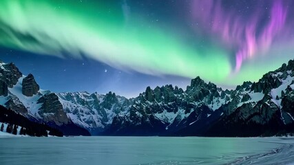 Aufkleber - Aurora borealis dances over snow capped mountains and frozen lake, creating a magical winter scene with vibrant green and purple hues. Perfect for peaceful arctic wilderness lovers