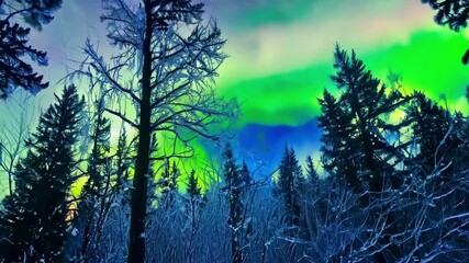 Aufkleber - Snow covered forest is illuminated by the bright green hues of the aurora borealis, creating a magical and otherworldly atmosphere