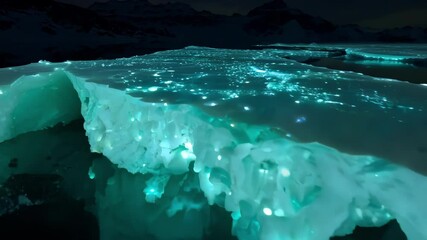 Aufkleber - Glowing green iceberg peacefully drifts in still waters at night, reflecting moonlight. Majestic mountains stand tall in the background, completing a breathtaking natural landscape