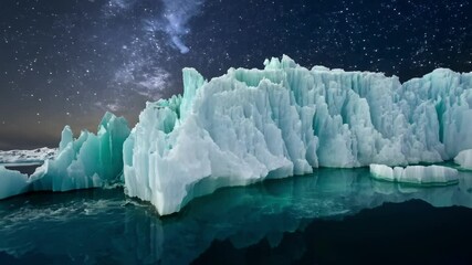 Aufkleber - The serene iceberg lagoon glows under the starry night sky, reflecting large icebergs in the water while the milky way shines brightly above, showcasing nature's beauty in cold hues