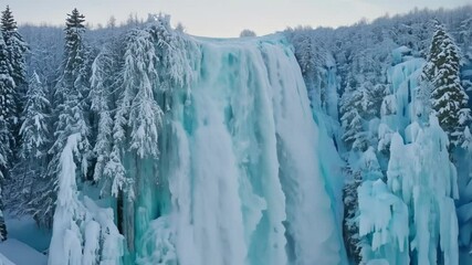 Aufkleber - Turquoise blue water frozen in time as it cascades down a snow covered mountainside, surrounded by snow covered evergreen trees