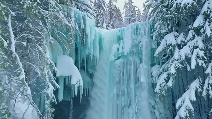 Aufkleber - Turquoise waterfall flows over a snow covered cliff, surrounded by evergreen trees in a serene winter scene