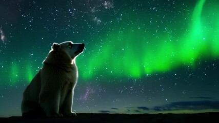Aufkleber - Polar bear sits on a rock, looking at the northern lights in the starry sky, creating a magical and serene scene