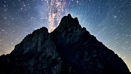 Poster - Mesmerizing star trails swirl above a majestic mountain peak, creating a stunning starburst effect against the dark night sky