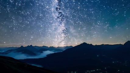 Poster - The milky way is rising above a mountain range with clouds in the valleys and a few city lights visible in the distance