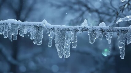 Aufkleber - Icicles hang from snowy branch on cold winter day, with snowflakes falling gently. Sunlight glistens off crystals in dangerous yet beautiful winter wonderland