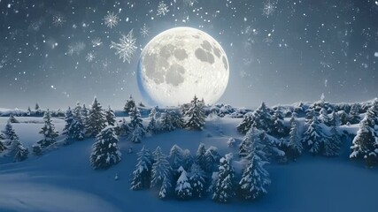 Aufkleber - Snow gently falls on a winter night, casting a magical glow on a snowy forest with a bright full moon shining in the background, transforming the landscape into a winter wonderland
