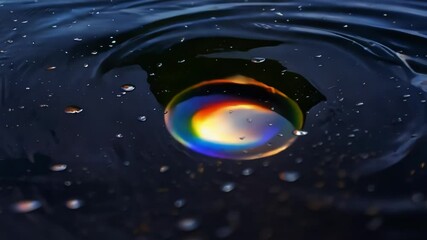 Aufkleber - Gasoline rainbow is floating on top of water with rain drops surrounding it. The rainbow colors are reflecting off of the water