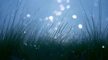 Poster - Fresh morning dew on green grass glistens like diamonds in sunlight, creating a serene, vibrant backdrop