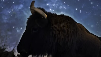 Aufkleber - Large n bison is standing in a field at night, with a starry sky in the background. The bison is illuminated by the moonlight, creating a dramatic silhouette
