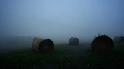 Poster - Hay bales peek through fog in countryside at dusk, creating mysterious atmosphere. Image captures essence of rural life with spooky, beautiful vibe